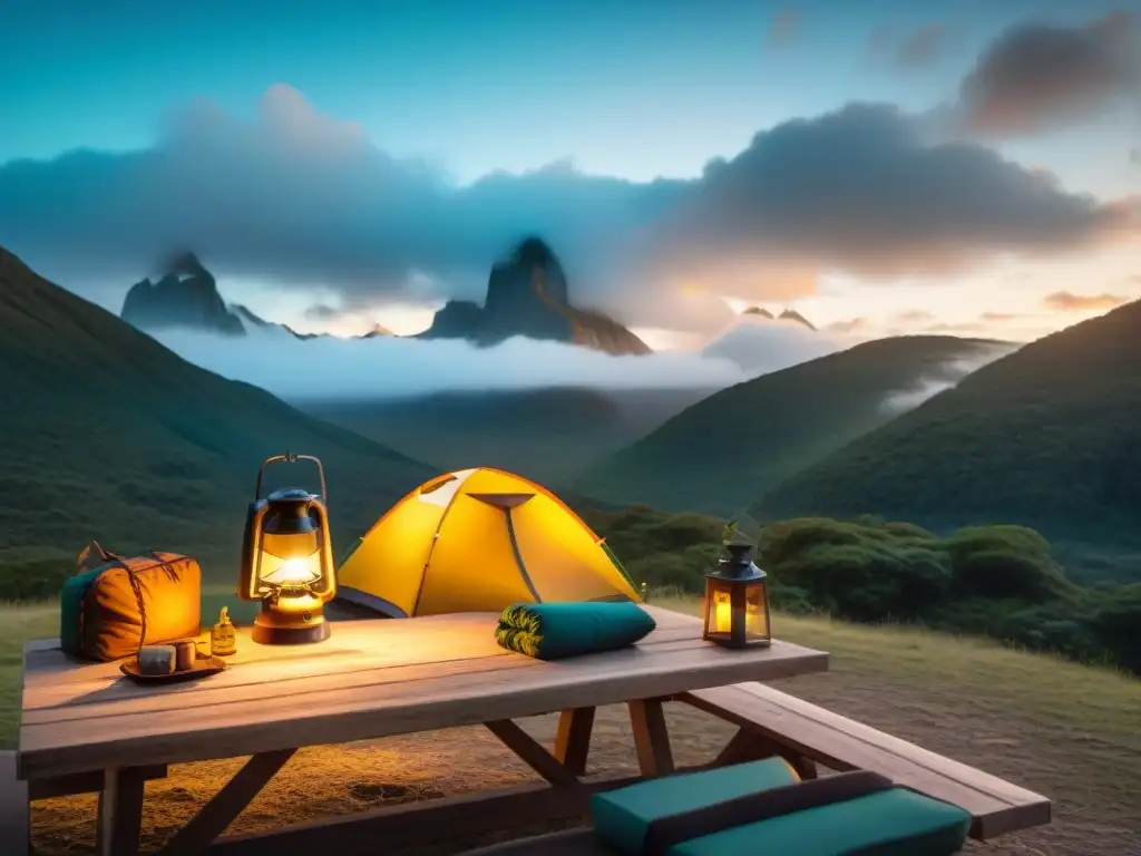 Equipo esencial camping familia Uruguay: Preparativos detallados en mesa de madera iluminada por linterna