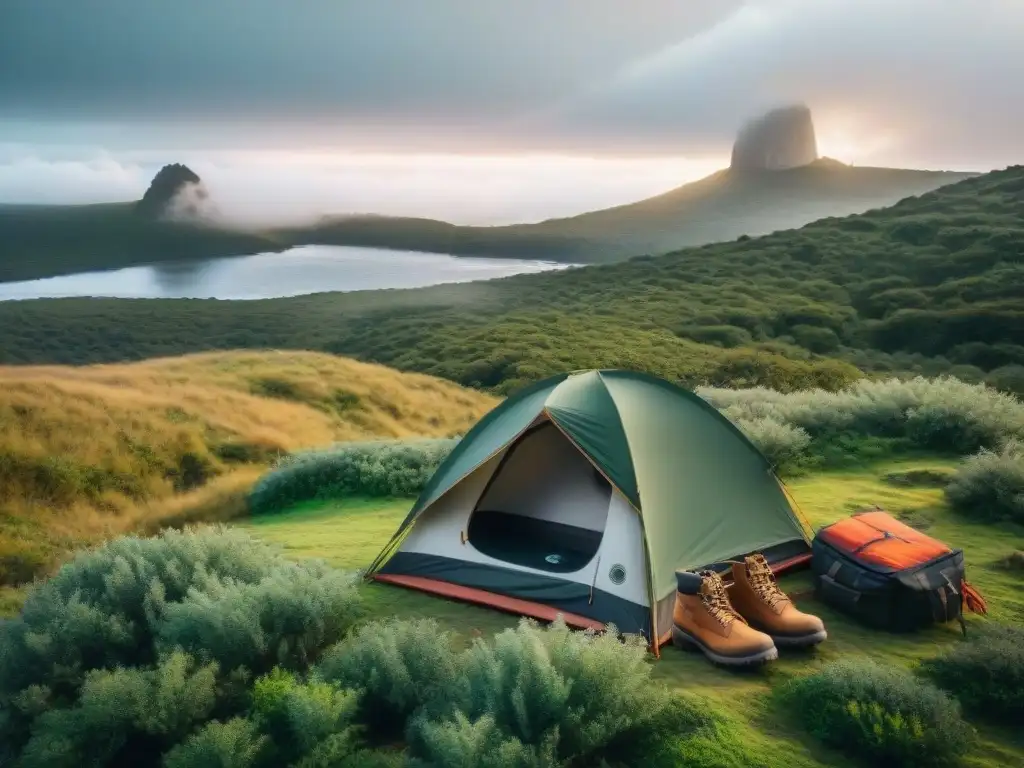 Equipo esencial camping Uruguay: Tienda iluminada por dentro en un campamento sereno en Uruguay