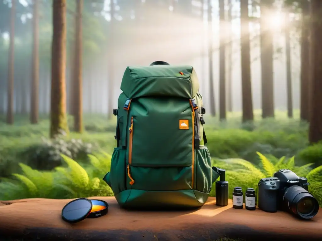 Equipo fotográfico organizado en mochila en el suelo del bosque de Uruguay