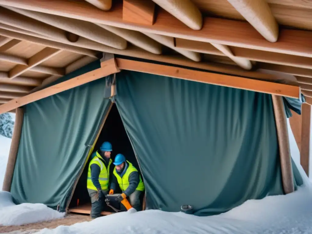 Equipo reforzando refugio de emergencia en nieve con madera y nieve, bajo luz tenue de tarde nevada