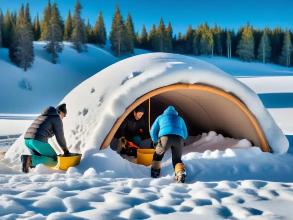 Equipo construyendo refugio de emergencia en nieve en paisaje invernal