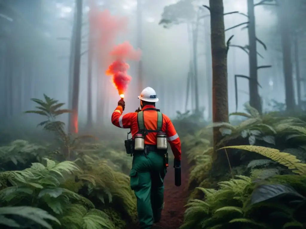 Equipo de rescate en acción en un bosque de Uruguay, un miembro sostiene una bengala roja