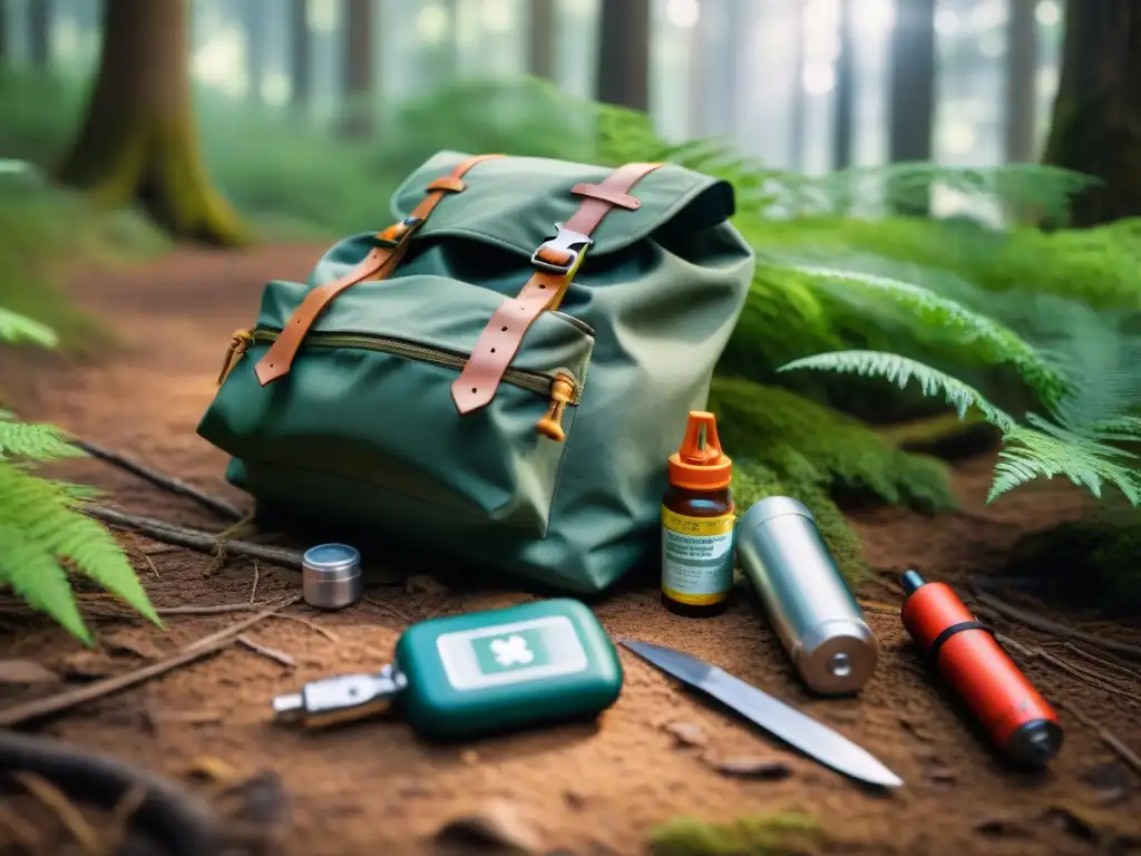 Equipo de supervivencia en camping en Uruguay: mochila desgastada rodeada de herramientas y accesorios en un bosque exuberante