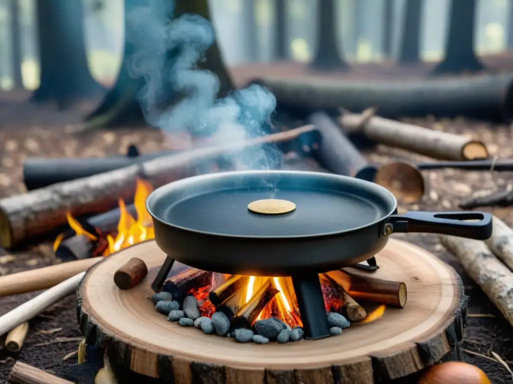 Escena acogedora de camping con cazuela de lentejas sobre fogata