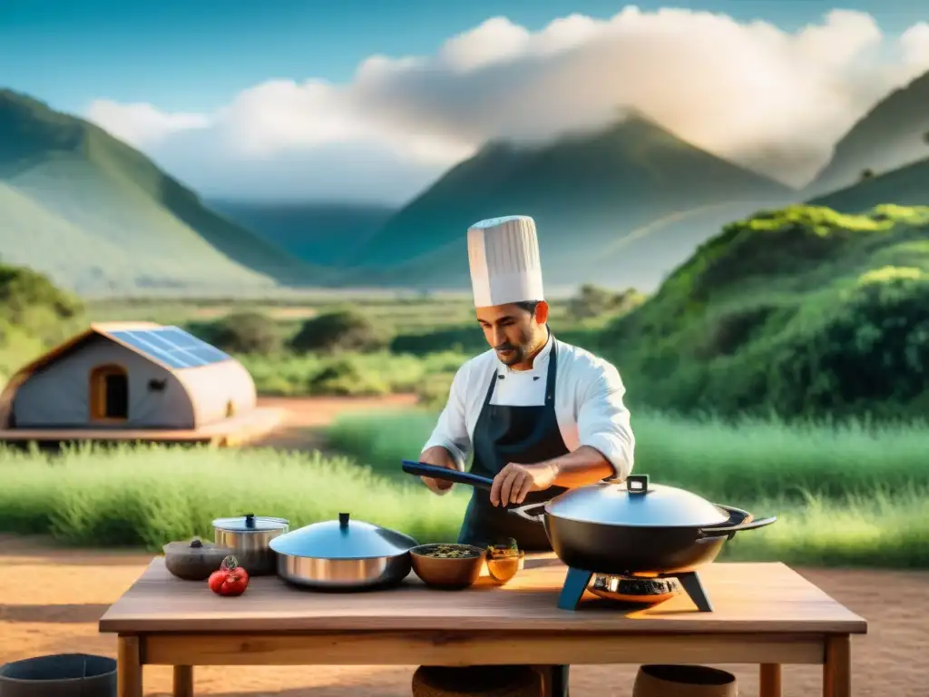 Una escena armoniosa de cocina al aire libre en Uruguay con cocinas solares para camping, fusionando tecnología y tradición