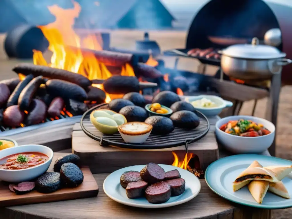 Una escena de asado uruguayo al aire libre al atardecer, con mesa rústica y platos típicos, mientras glampers disfrutan en tiendas de lujo