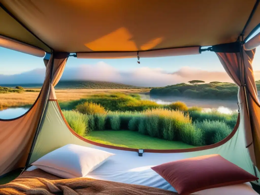 Escena de atardecer en un campamento sereno en Uruguay, con una tienda acogedora iluminada y un río tranquilo de fondo