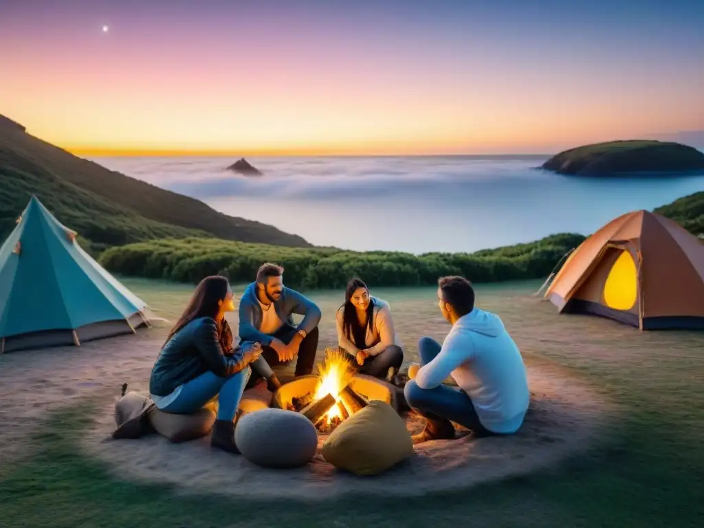 Escena cálida de camping familiar en Uruguay al atardecer, con fogata, malvaviscos y coloridas carpas bajo un cielo estrellado