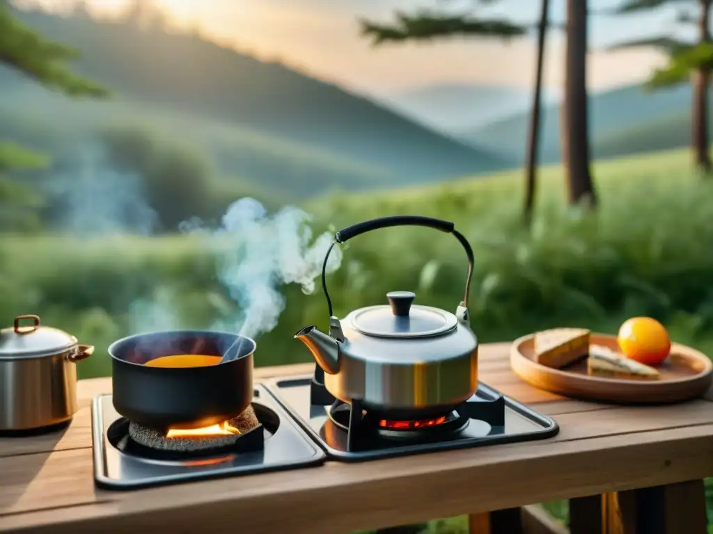 Escena cálida en el bosque: cocina de camping con estufa portátil, utensilios y silla rústica