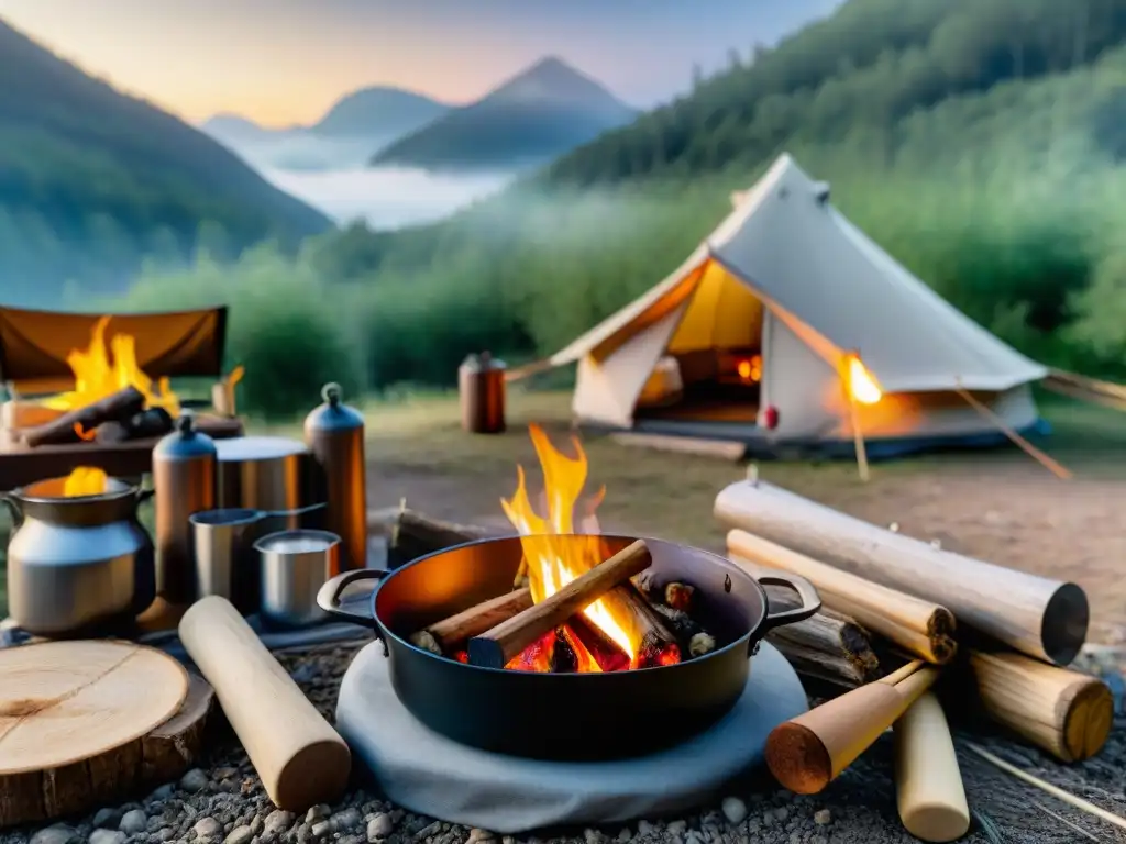 Escena de campamento al atardecer con fogata brillante y utensilios de cocina para recetas camping deliciosas económicas