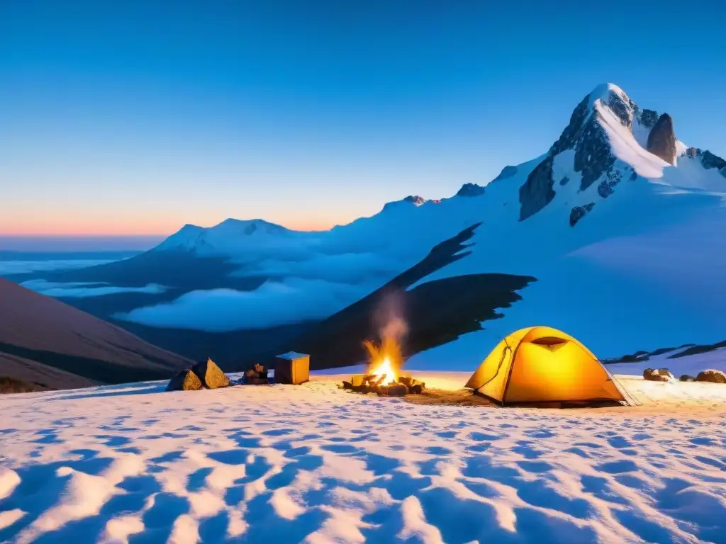 Escena de campamento sereno en la base de una montaña nevada en Uruguay durante el invierno