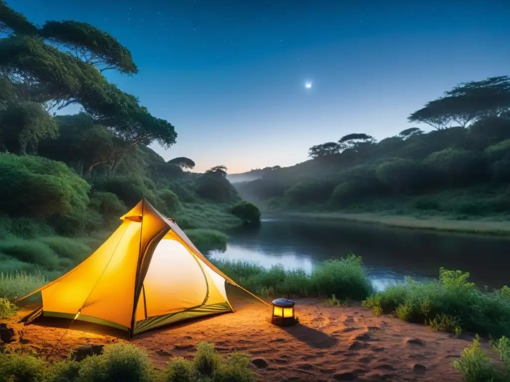 Escena de campamento solitario en la naturaleza de Uruguay, con tienda bajo las estrellas