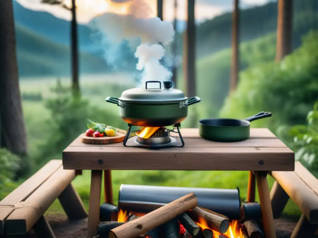 Escena de camping acogedora con cocina portátil en el bosque