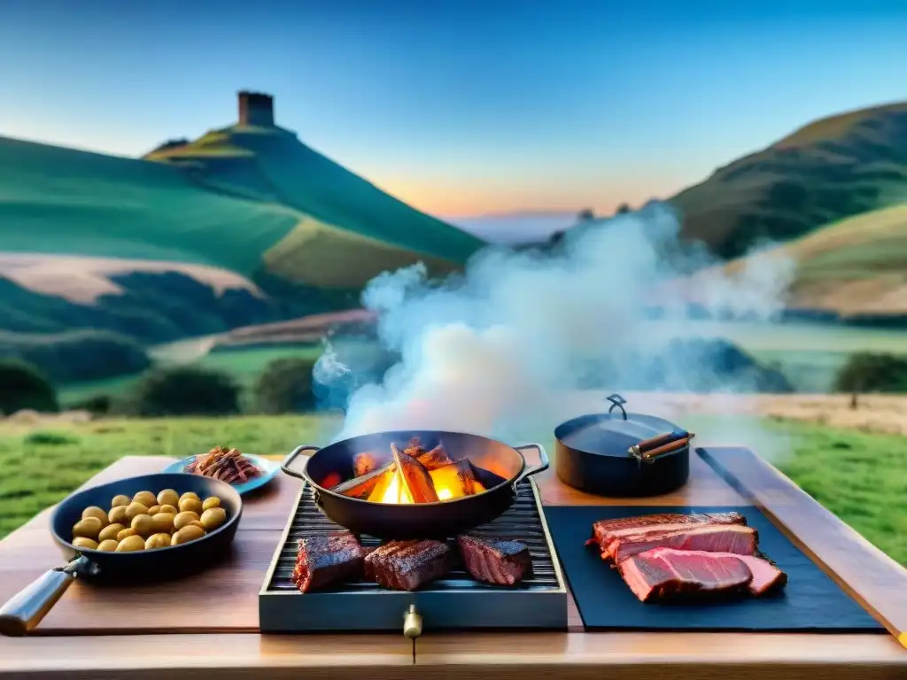 Una escena de gastronomía típica camping Uruguay con un asado tradicional al aire libre, chefs locales y paisaje campestre