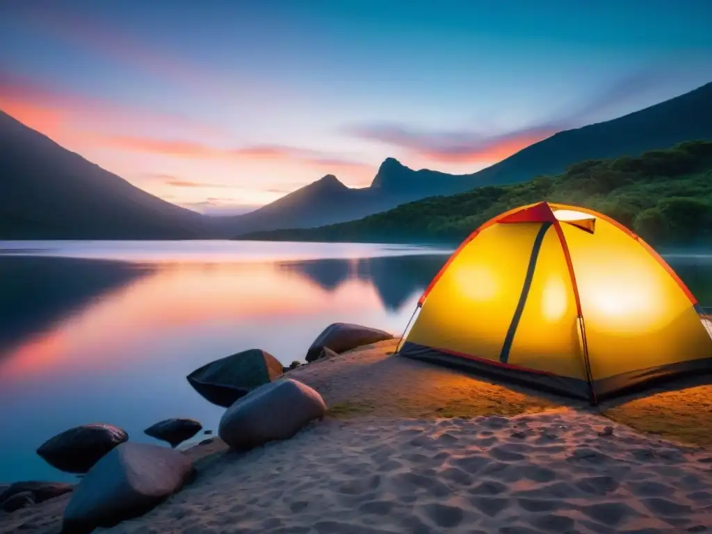 Escena de camping en Uruguay con atardecer sobre lago, tienda colorida y naturaleza exuberante