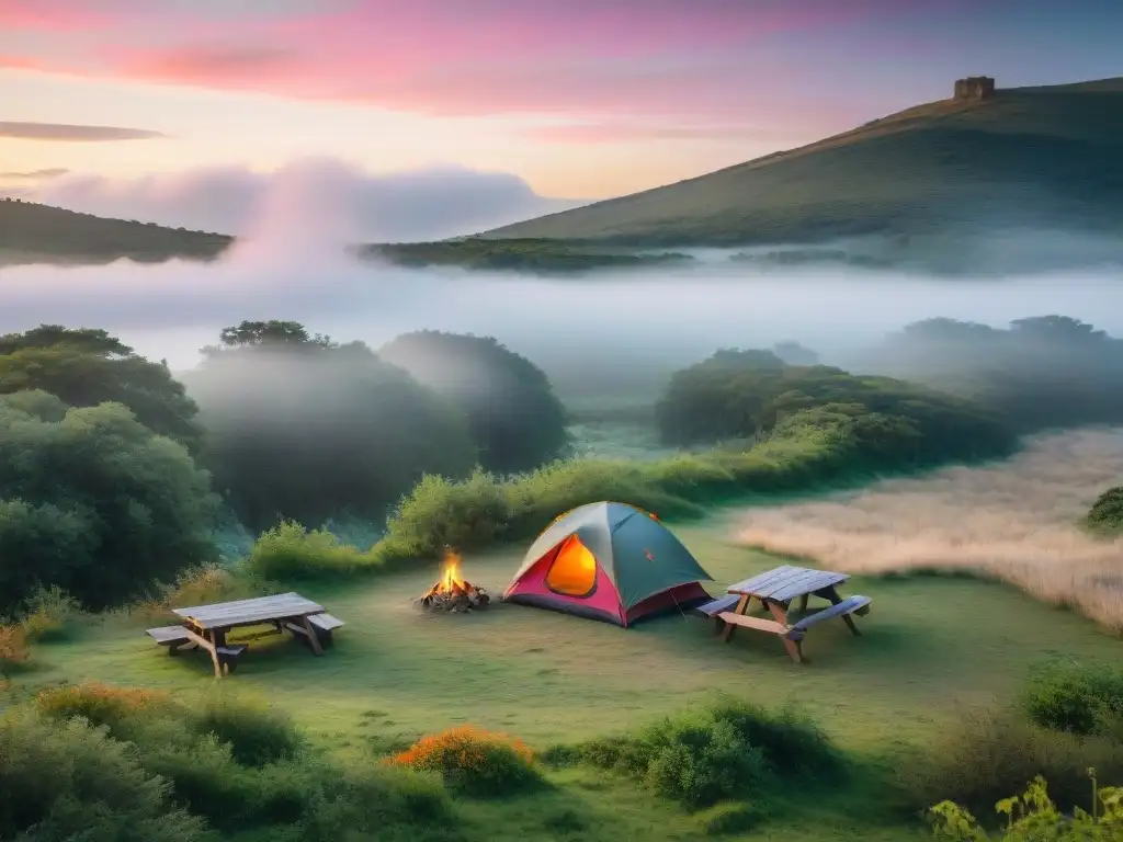 Escena de camping en Uruguay al atardecer con tienda, fogata y río