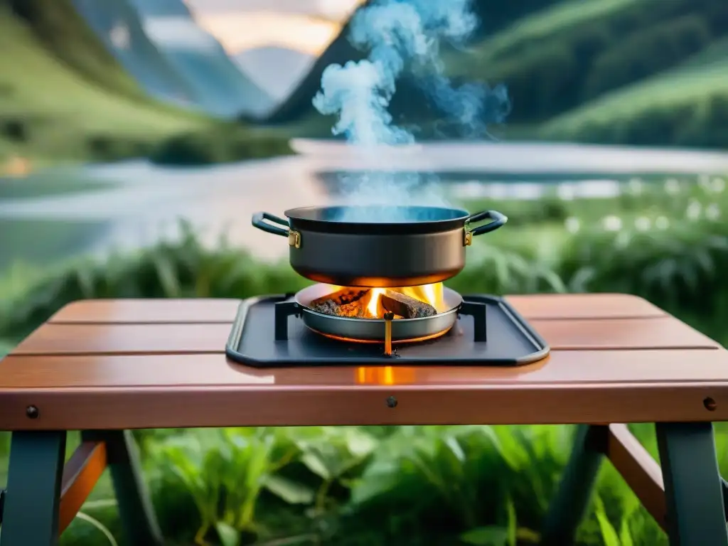 Escena de camping con cocina portátil en medio de la naturaleza