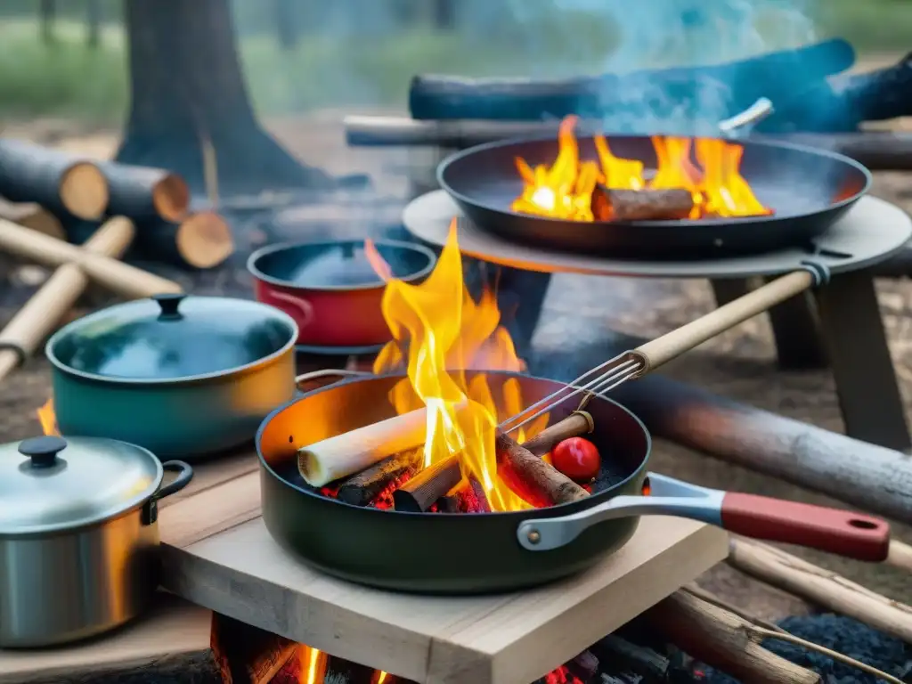 Escena de camping con fogata, utensilios de cocina coloridos y comida deliciosa