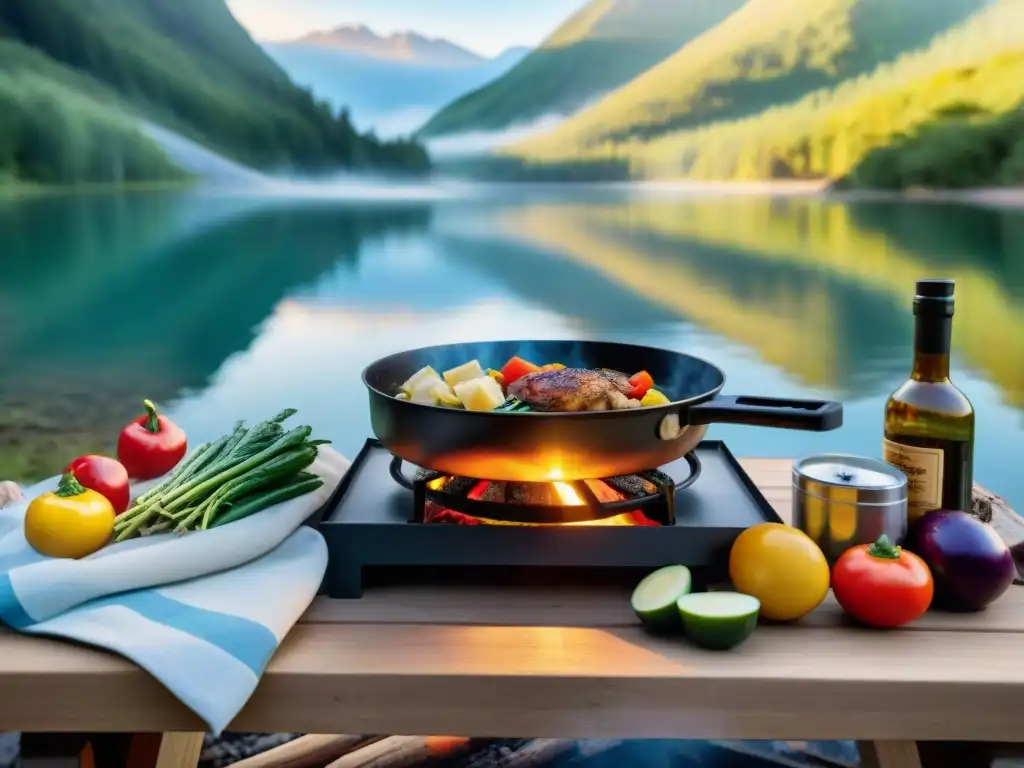 Una escena de camping idílica con recetas camping deliciosas económicas en la naturaleza