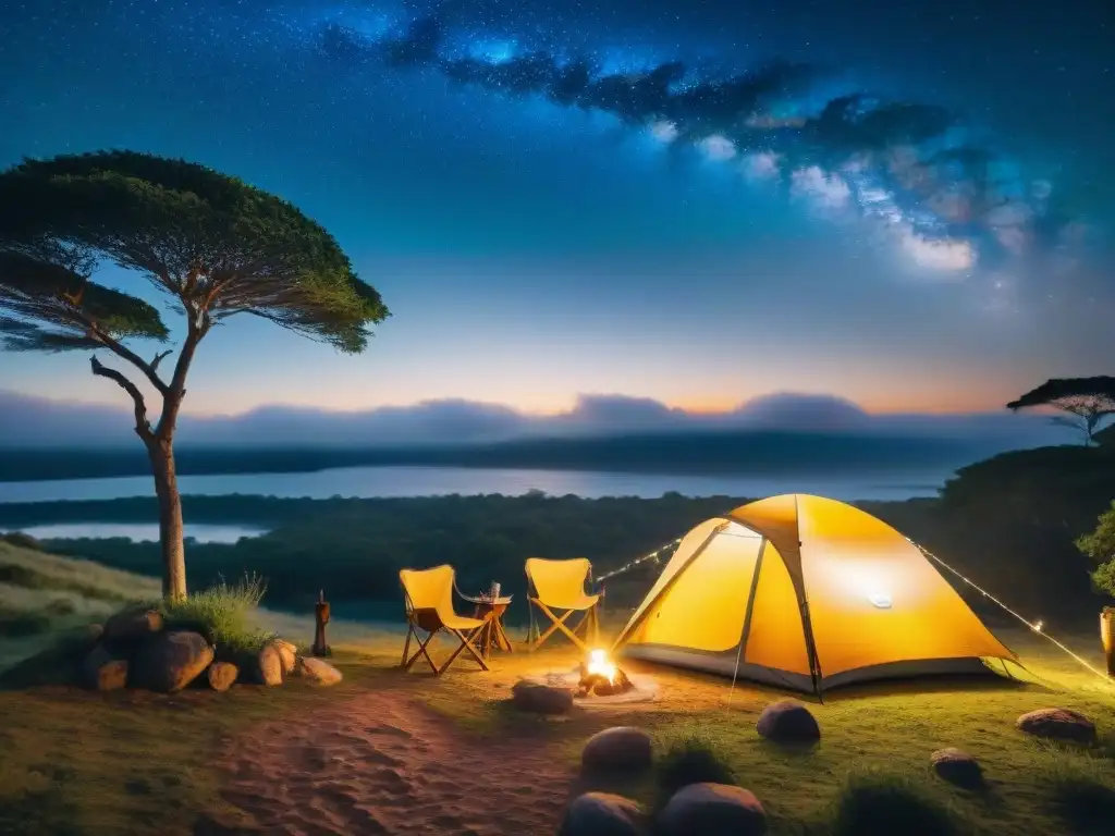 Escena de camping de lujo en Uruguay: tienda iluminada rodeada de naturaleza exuberante y río cristalino al atardecer