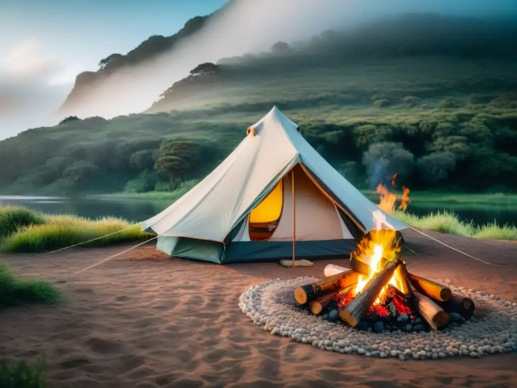 Escena de camping responsable en Uruguay: tienda en naturaleza virgen con fogata, reflejos en el río y cielo despejado