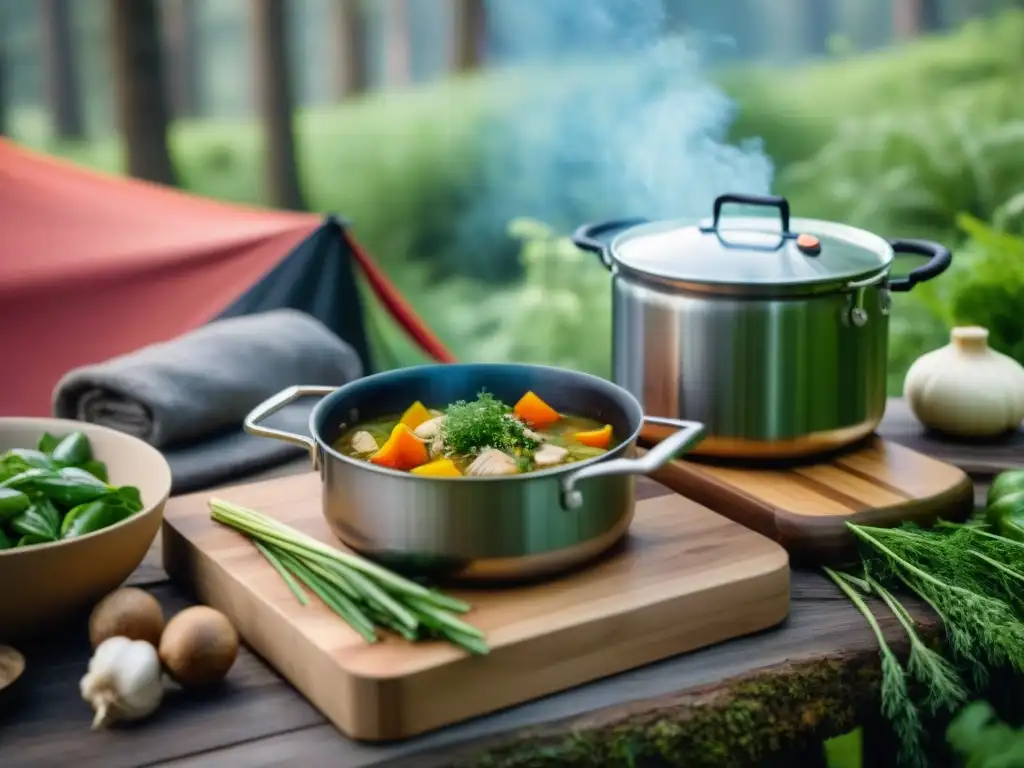 Cocina al aire libre: Sopa casera en el bosque Escena de camping rústica con una olla de sopa al fuego