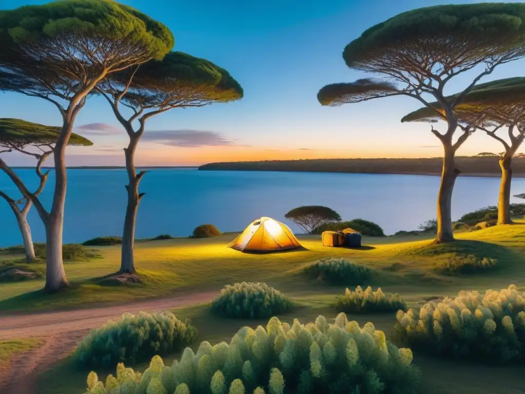 Escena de camping serena en Uruguay con luz dorada del atardecer