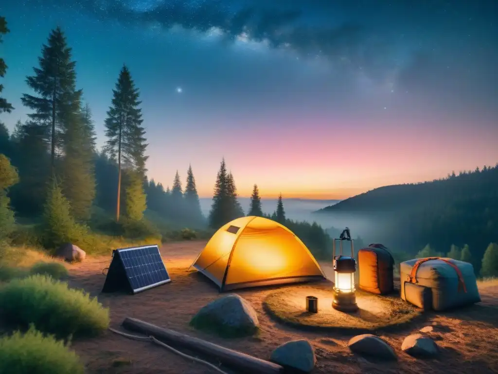 Escena de camping serena al anochecer, con paneles solares portátiles para camping iluminando gadgets en la naturaleza nocturna