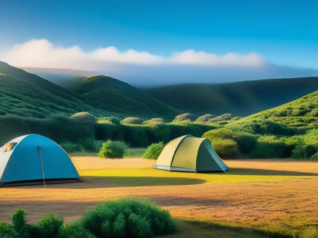 Escena de camping sostenible en Uruguay: tienda rodeada de paneles solares y contenedores de reciclaje, en armonía con la naturaleza