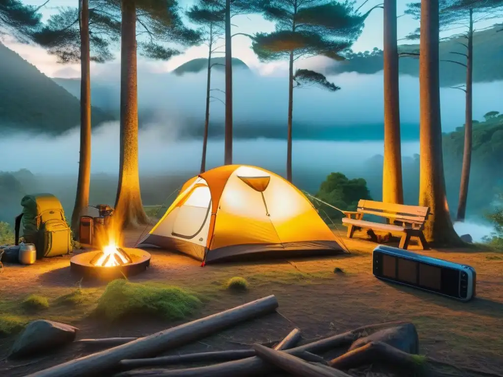 Una escena de camping tecnológico en Uruguay: tienda moderna en bosque verde, campistas con gadgets alrededor de fogata