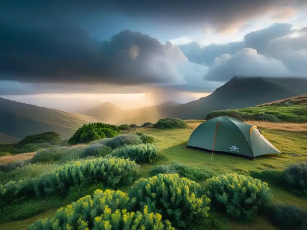 Escena de camping en Uruguay, con tormenta al atardecer sobre montañas verdes