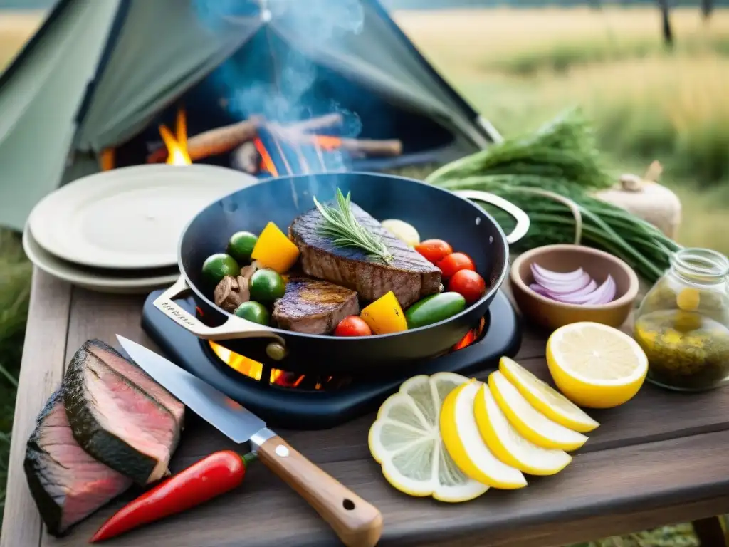 Escena de cocina al aire libre en Uruguay con sabores intensos para comidas camping, en medio de la naturaleza exuberante