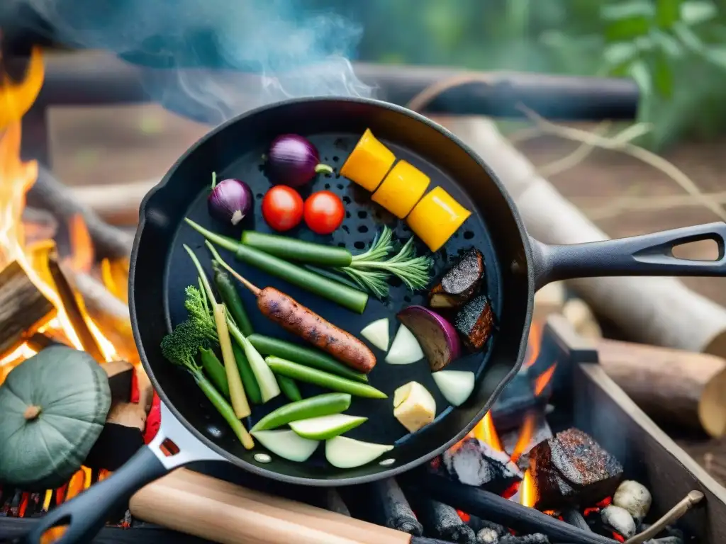 Escena de cocina campamento en el bosque con sartén de hierro, guiso y parrilla al fuego