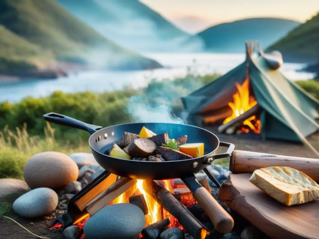 Escena de cocina campamento con fogata, sartén y olla en el bosque de Uruguay