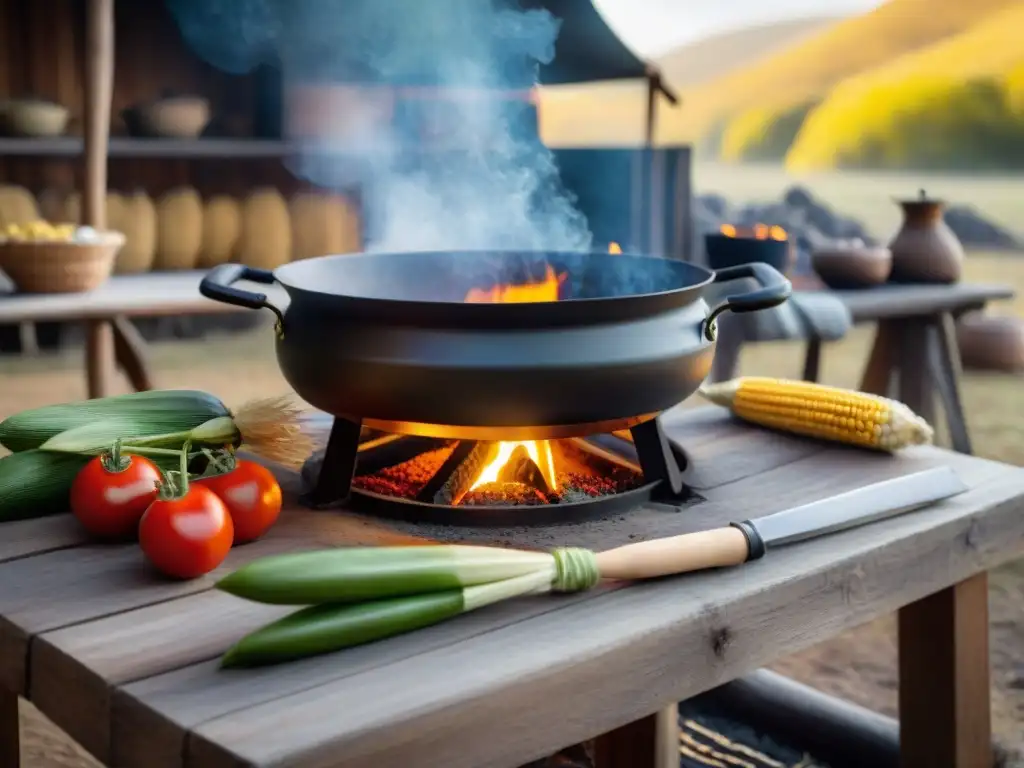 Escena de cocina con ingredientes locales en camping: horno de barro, olla sobre fuego abierto y mesa con maíz, tomates y hierbas al atardecer