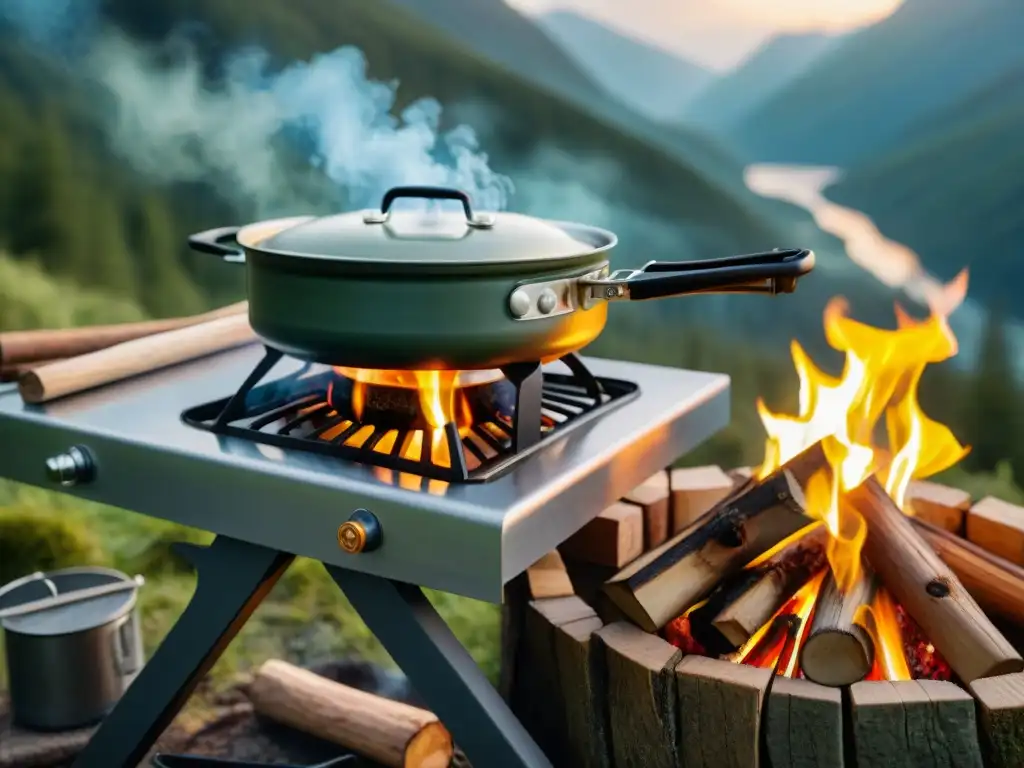 Escena de cocina portátil en camping: fogata encendida, olla de estofado, utensilios y bosque