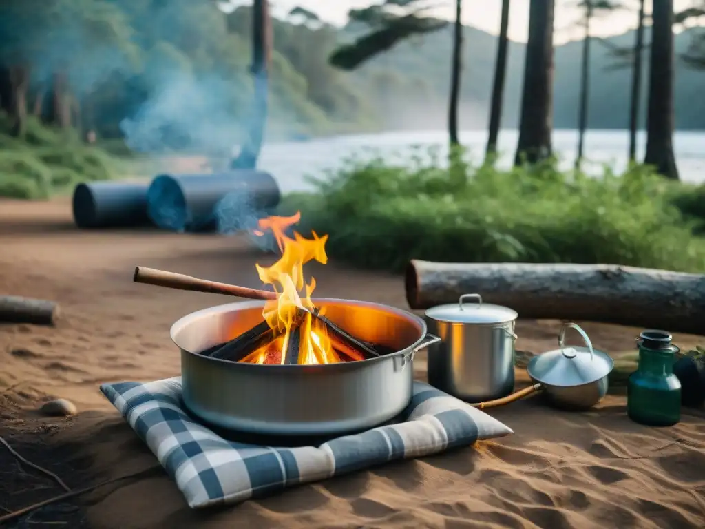 Escena detallada de purificación de agua en camping en Uruguay, con fogata y elementos naturales para filtrar, en bosque sereno