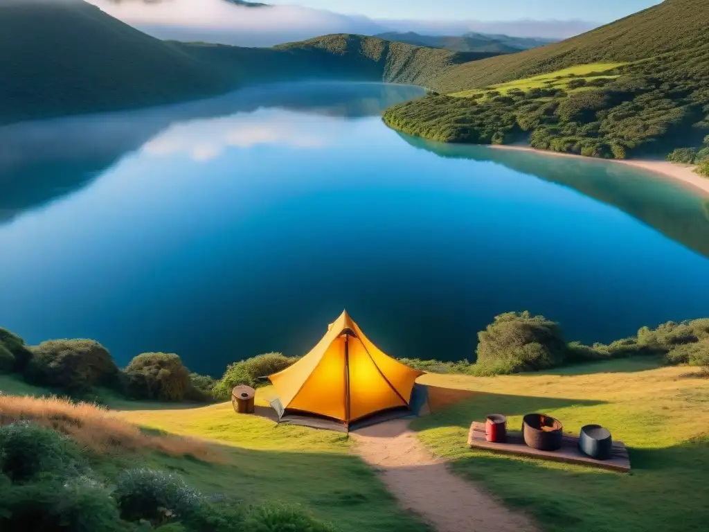 Escena detallada: camping en Cerro Verde Uruguay, con vista panorámica de la naturaleza serena y fogata rodeada de equipo de campamento