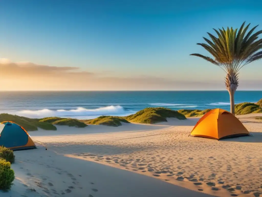 Escena detallada de un camping en Punta del Diablo con tiendas, bolsas de dormir y sillas, junto a una playa con palmeras y atardecer