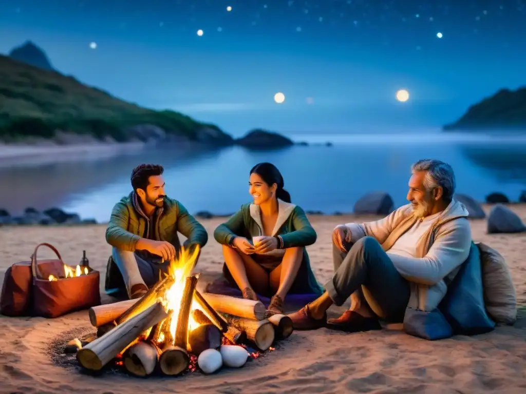 Escena familiar uruguaya en camping tradicional: niños asando malvaviscos, padres armando carpas y abuelos contando historias bajo el cielo estrellado