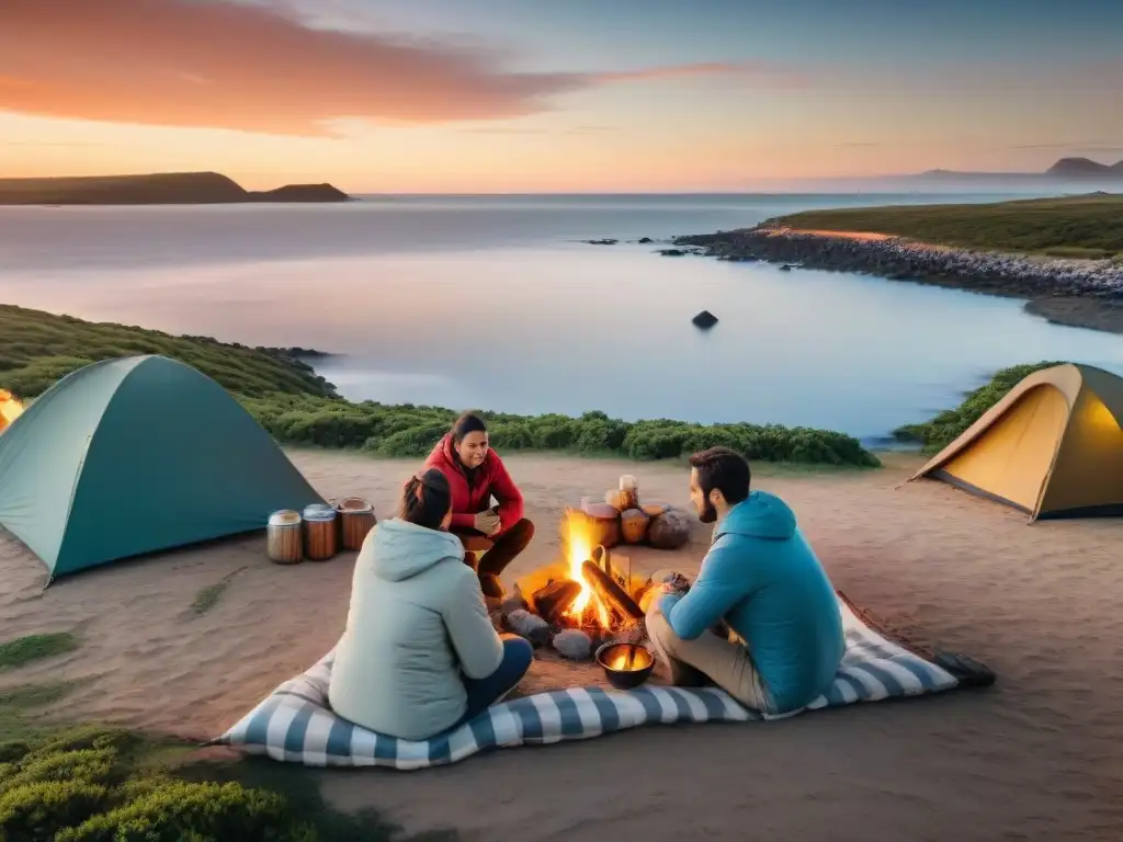 Escena familiar en uno de los mejores sitios de camping en Uruguay, con fogata al atardecer y mates uruguayos compartidos