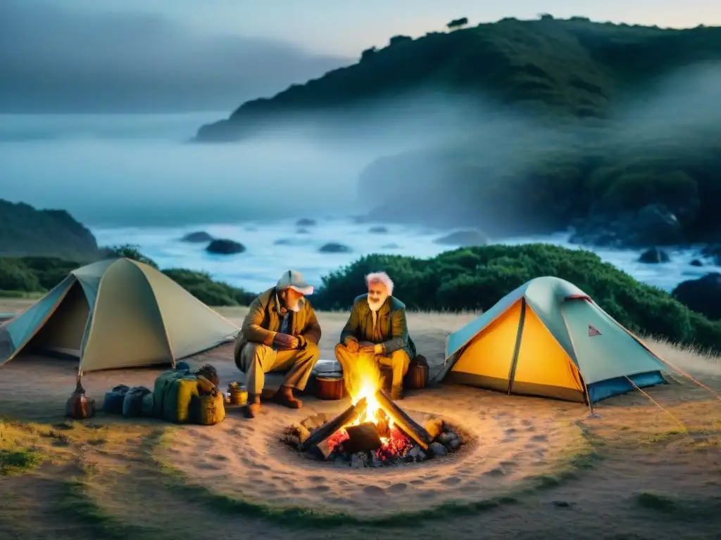 Escena familiar de acampar en Uruguay: tradiciones locales en un campamento con fogata, tiendas y actividades al aire libre