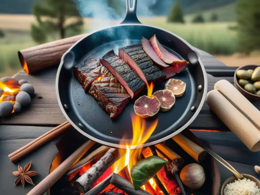 Escena de fogata en la naturaleza con carne seca Uruguaya cocinándose en sartén de hierro, rodeada de hierbas aromáticas