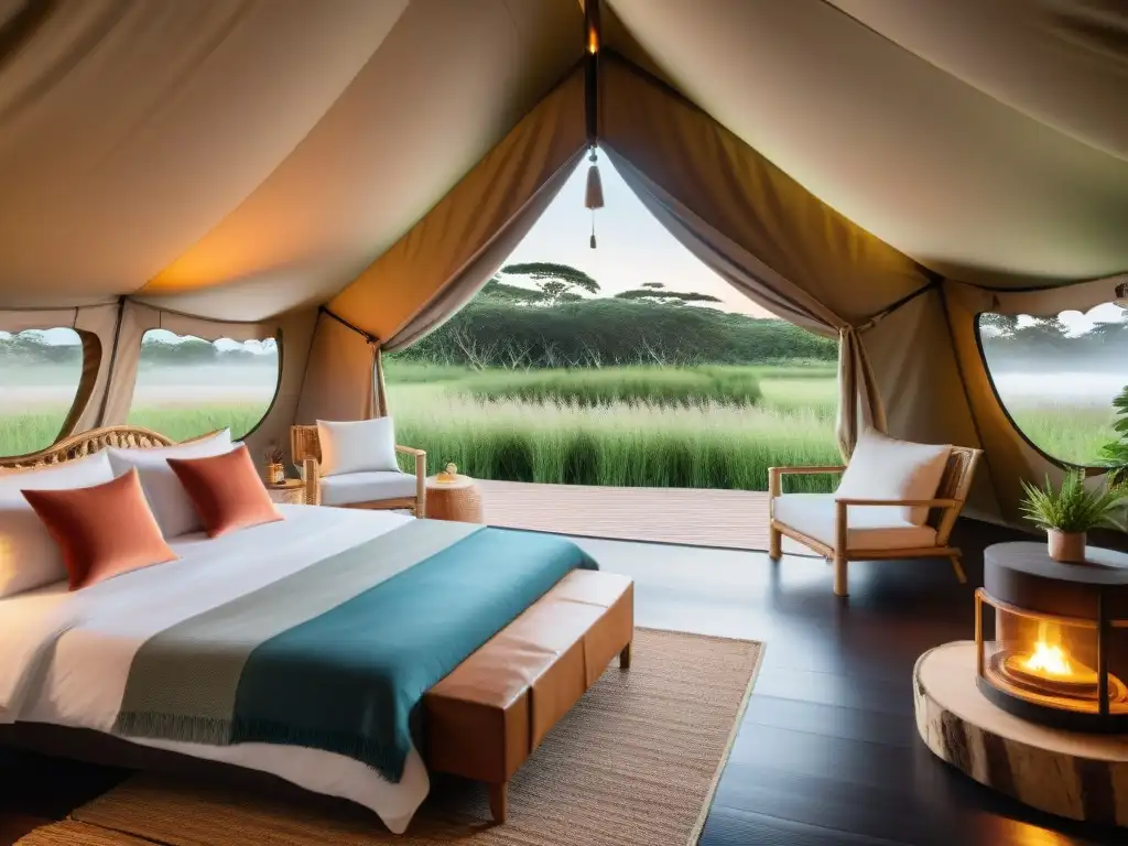 Escena de glamping de lujo en Uruguay con mobiliario elegante y natural en armonía con la naturaleza