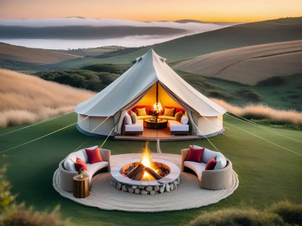 Escena de glamping de lujo en Uruguay: pareja disfrutando de vino al atardecer en tienda elegante entre colinas