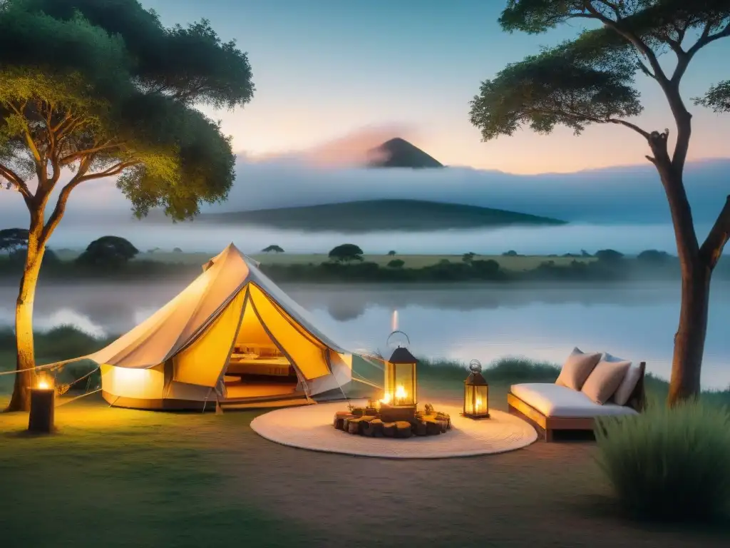 Escena de glamping en Uruguay para parejas al atardecer, con luces doradas y ambiente romántico