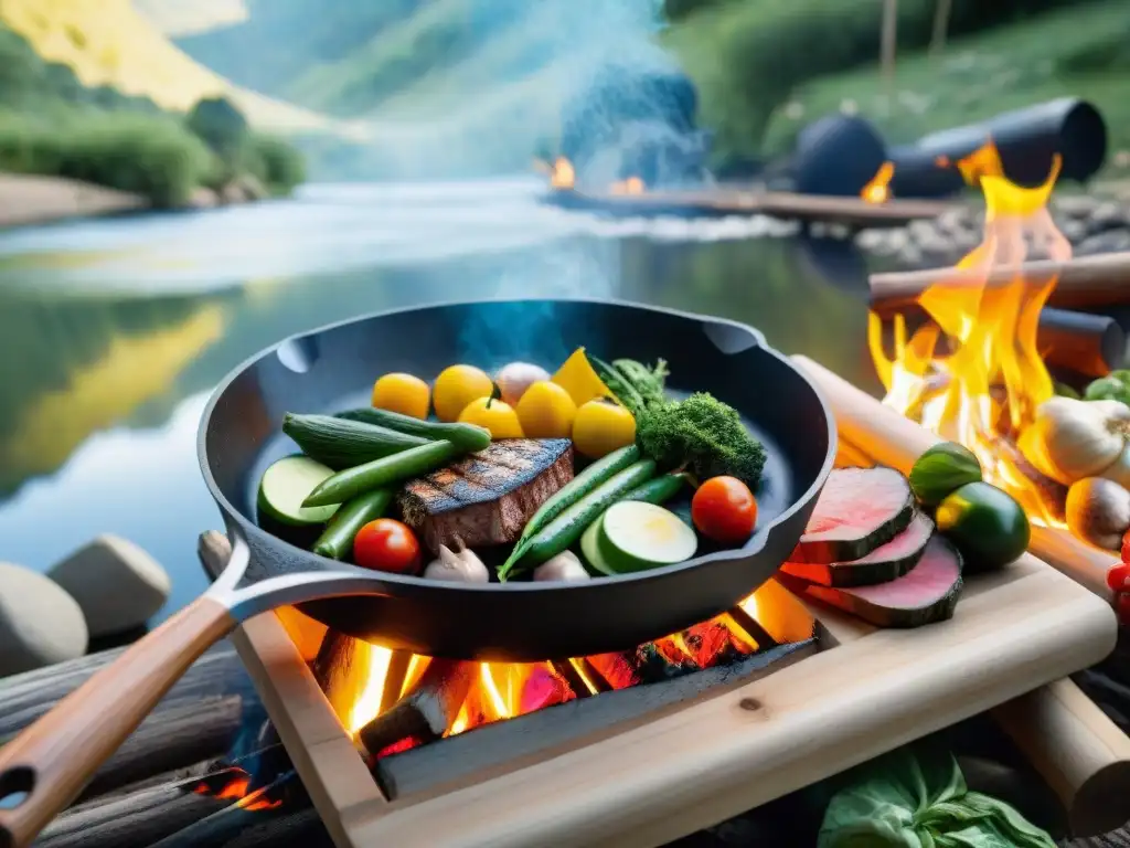 Escena idílica de cocina al aire libre junto al río, con ingredientes frescos y fogata, ideal para recetas camping al aire libre