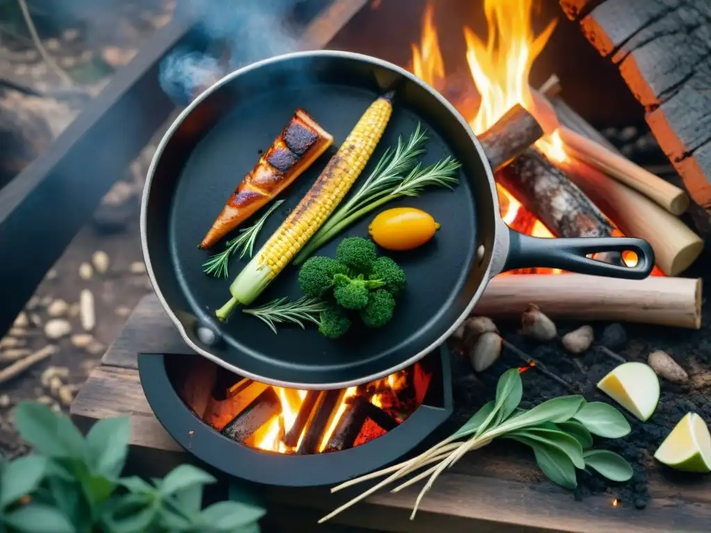 Escena idílica de cocina al aire libre en Uruguay, con sartén de hierro sobre fogata y ingredientes tradicionales