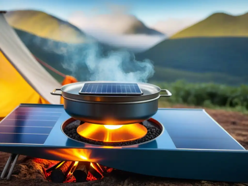 Escena idílica de cocina solar para camping en Uruguay con estufa moderna brillando al sol y comida humeante