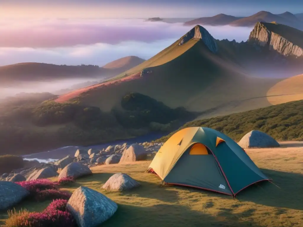 Escena impresionante de camping en Uruguay al amanecer con cámara con GPS, paisaje y tranquilidad